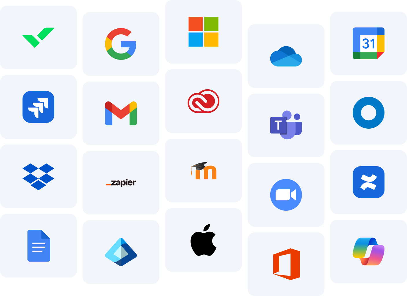Product screenshot displaying integrations dashboard with app icons and connector list.
