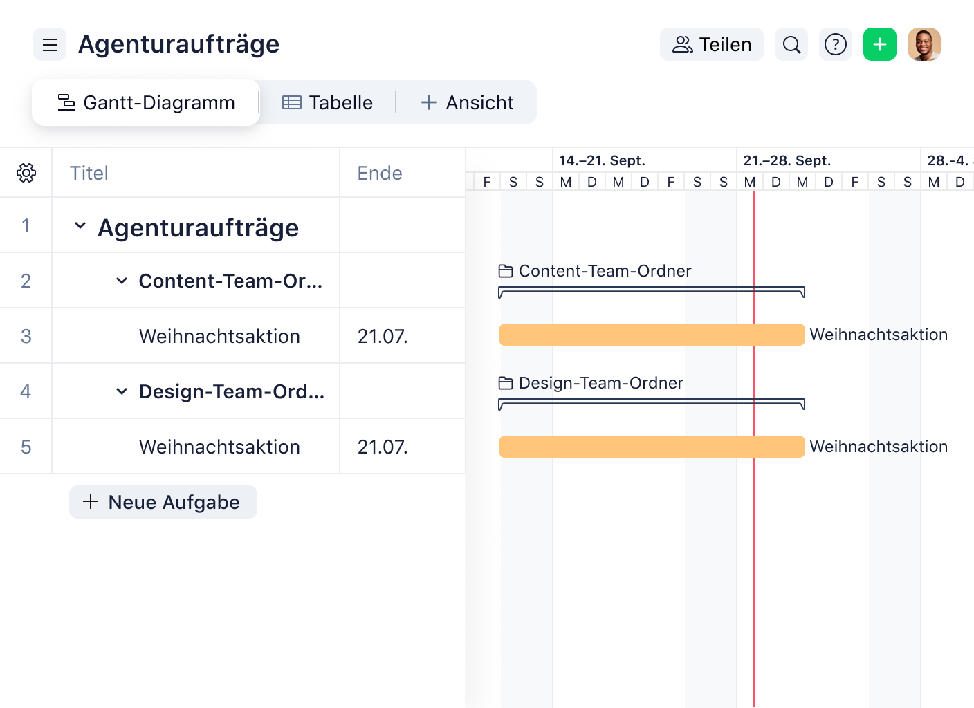 Projektplan mit Aufgabenliste, Zuweisungen und farbigem Gantt-Diagramm.