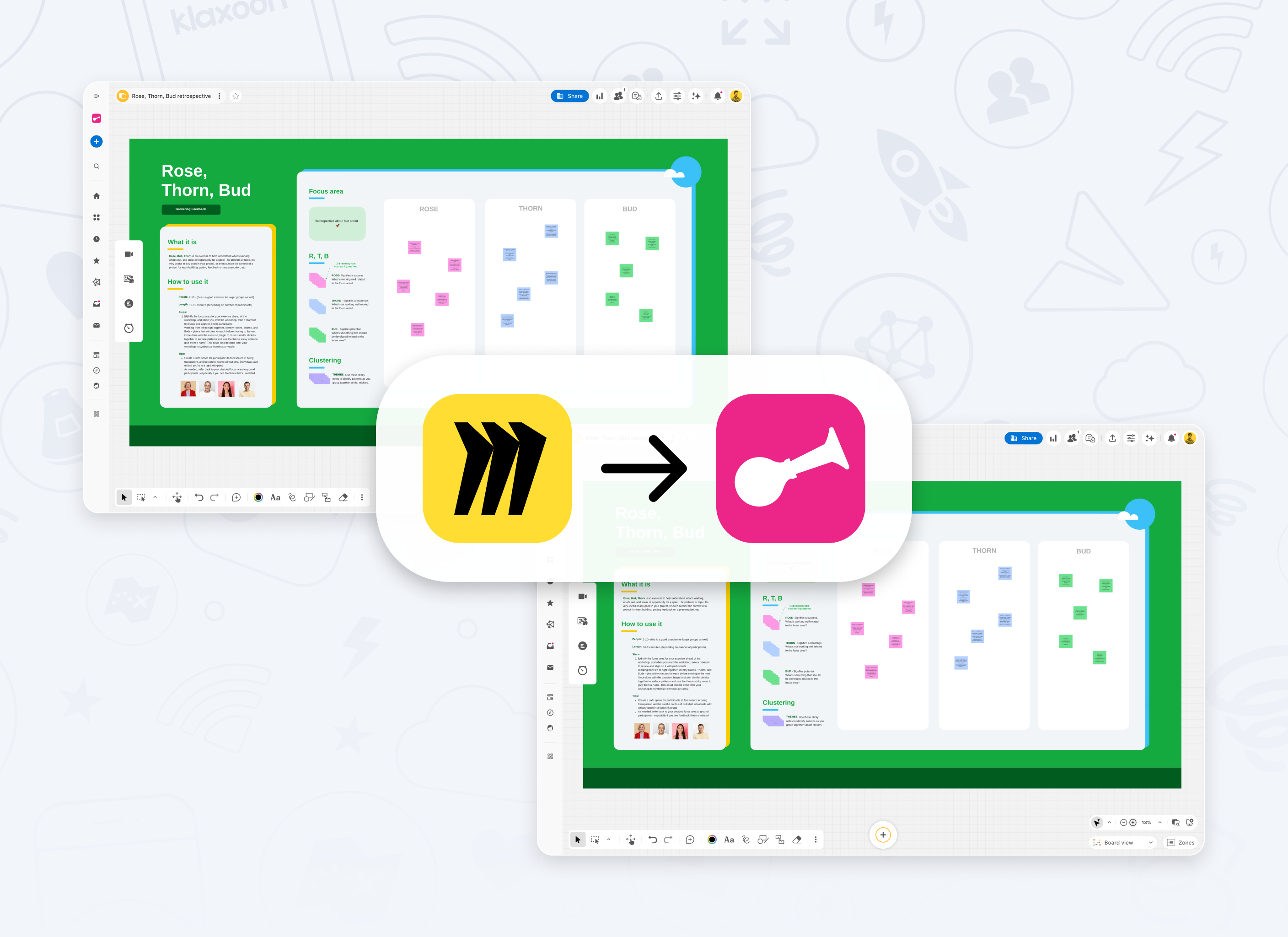 Smartphone screens showing task list with embedded Miro board.