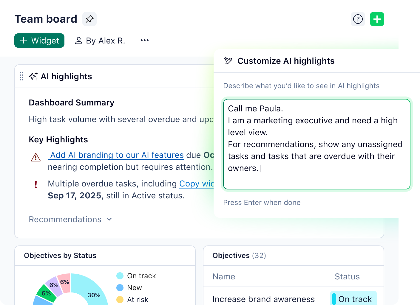 Wrike dashboard showcasing AI highlights customization for project task summaries.