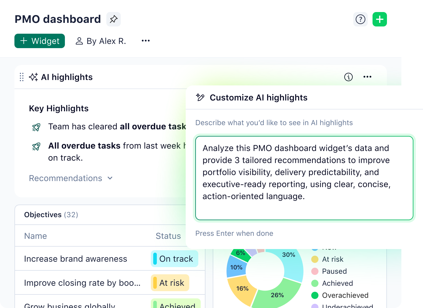 Wrike AI Highlights personalisation dashboard showing highlights metrics and settings.