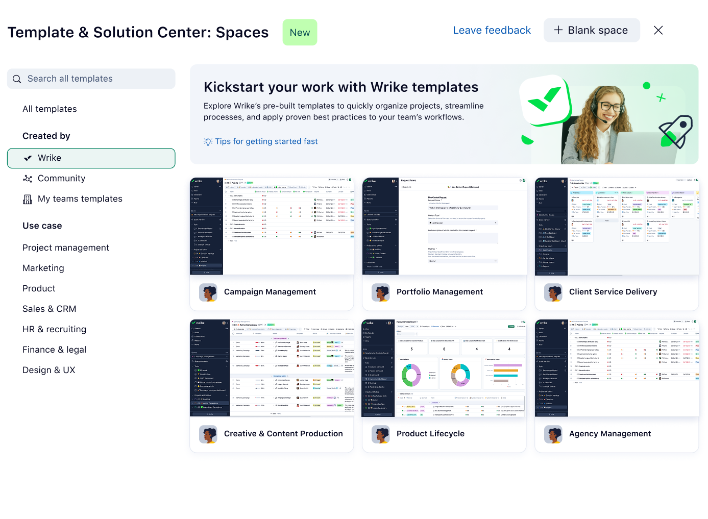 Wrike space templates panel showing marketing, product launch and onboarding options.