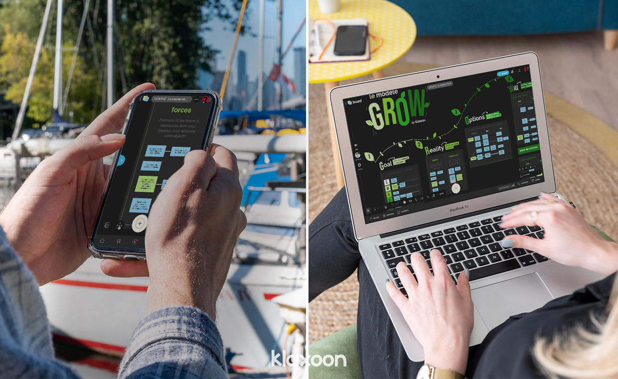 Une personne consulte son Board sur son smartphone en  extérieur ; une autre travaille sur son ordinateur en intérieur. | Klaxoon