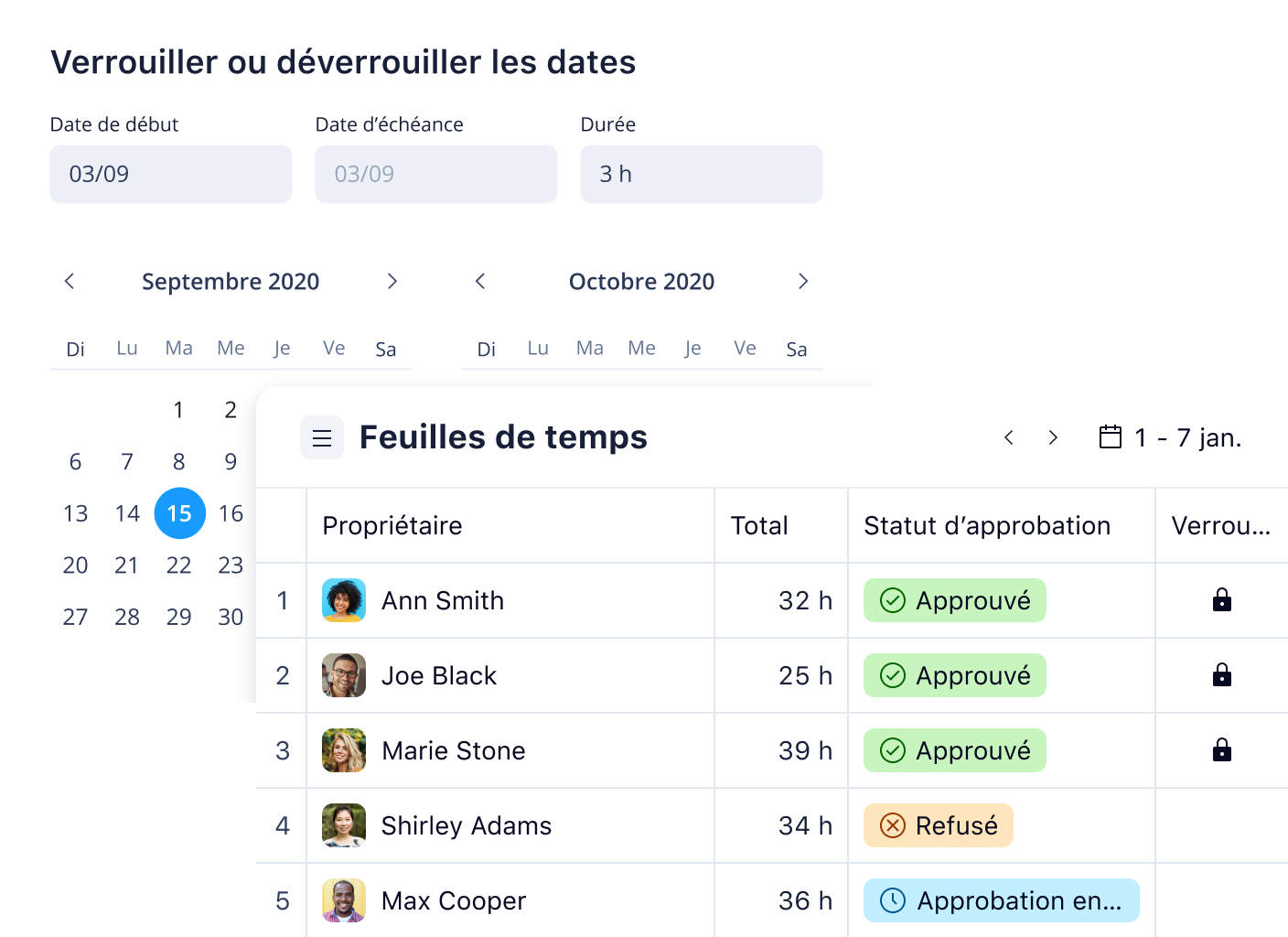 Vue du journal de temps Wrike avec date verrouillée et heures saisies.