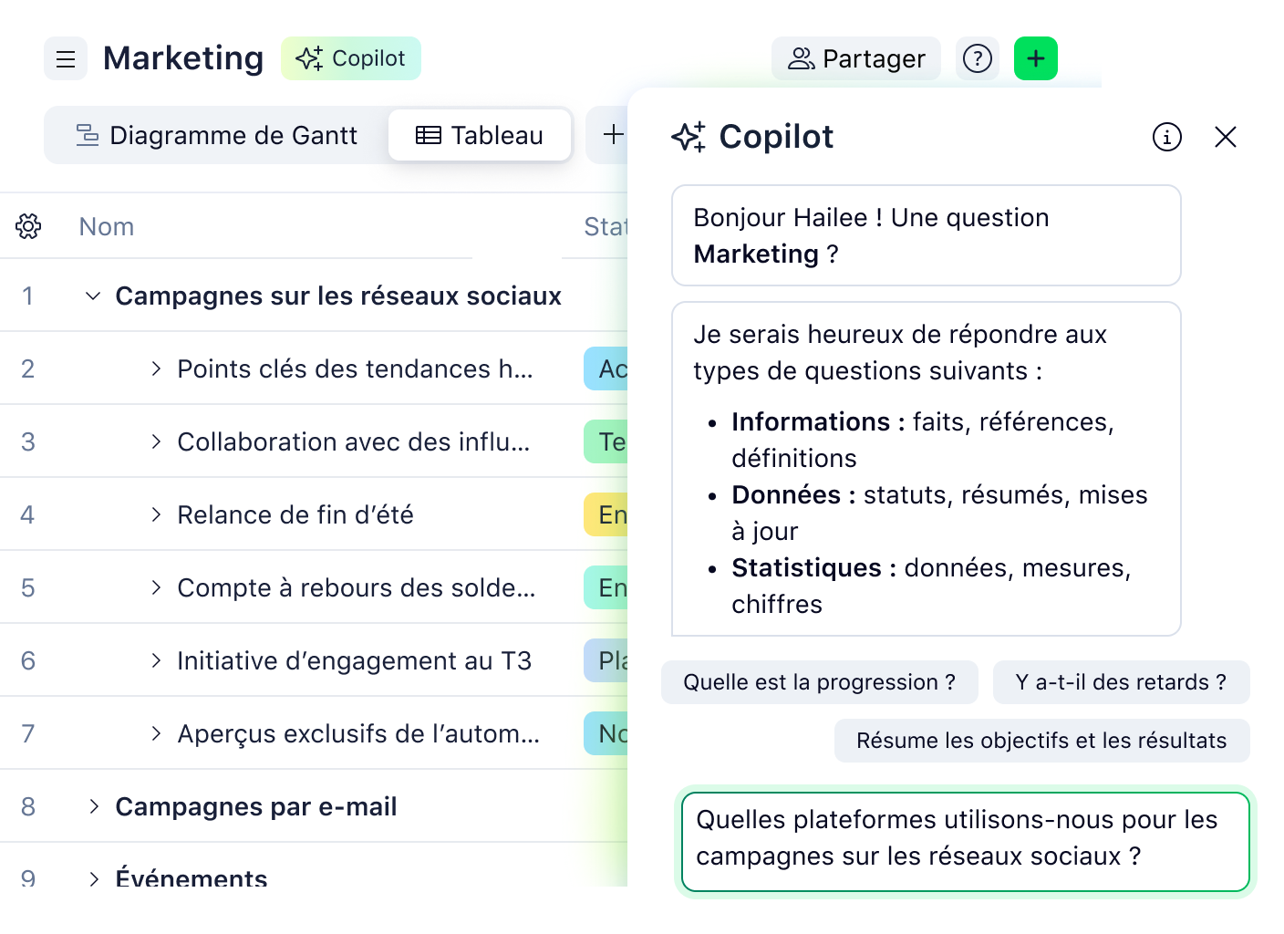 Vue en tableau Wrike affichant tâches, responsables, statuts, dates et volet AI Copilot.