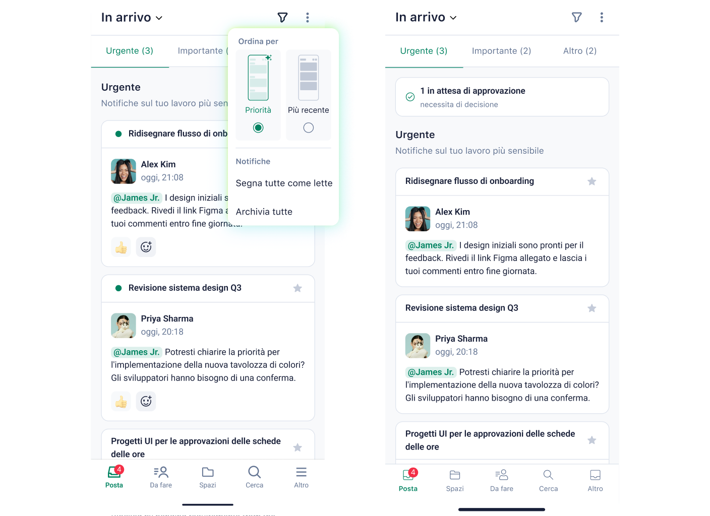Schermata Wrike Mobile con filtro Priorità IA che evidenzia i task più urgenti.