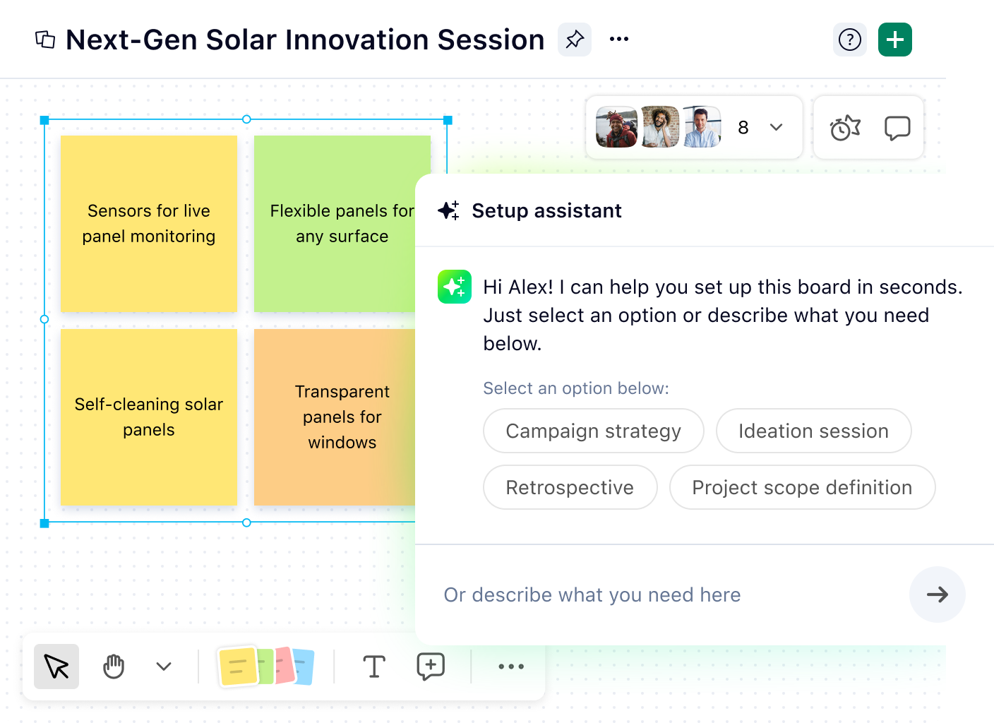 Digital whiteboard with project mind map and Whiteboard AI Assistant panel showing planning steps.
