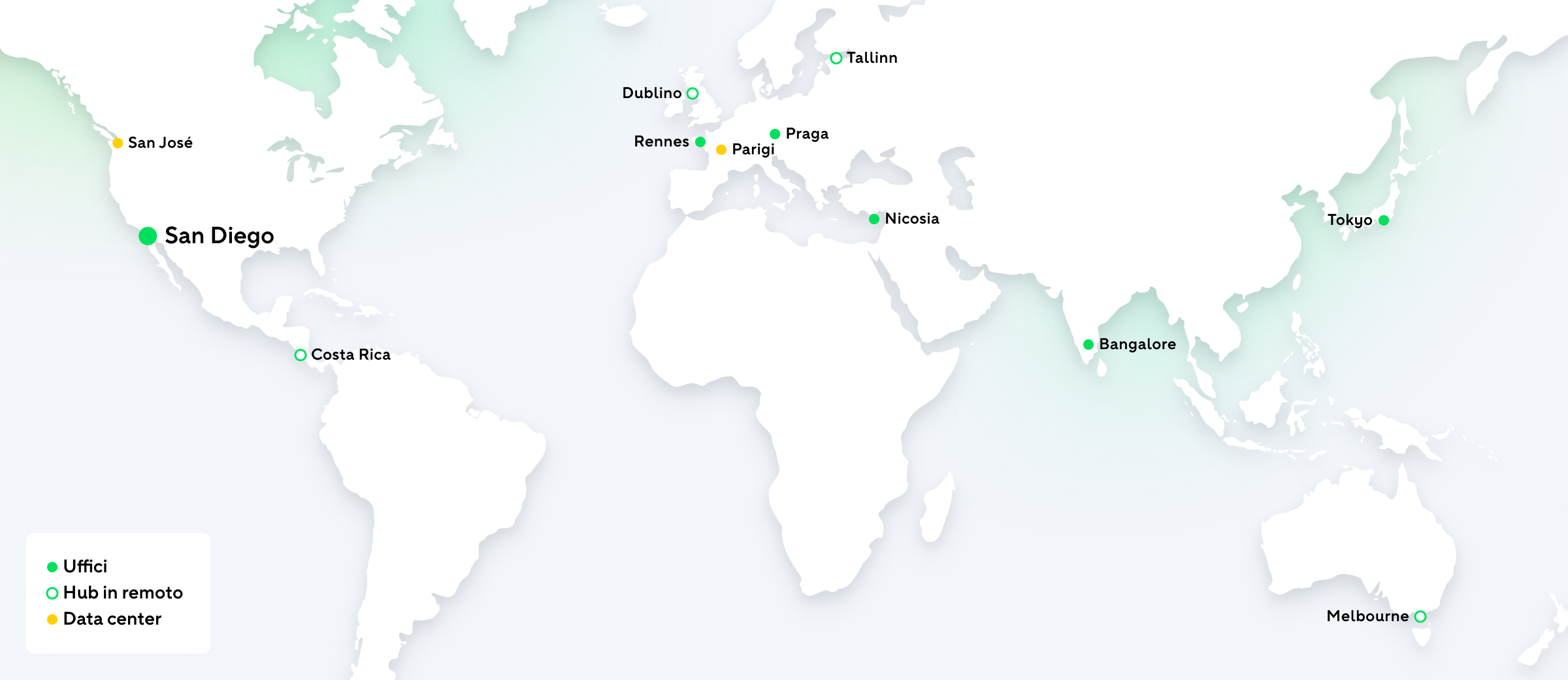 World map with colored circles indicating global coverage zones.