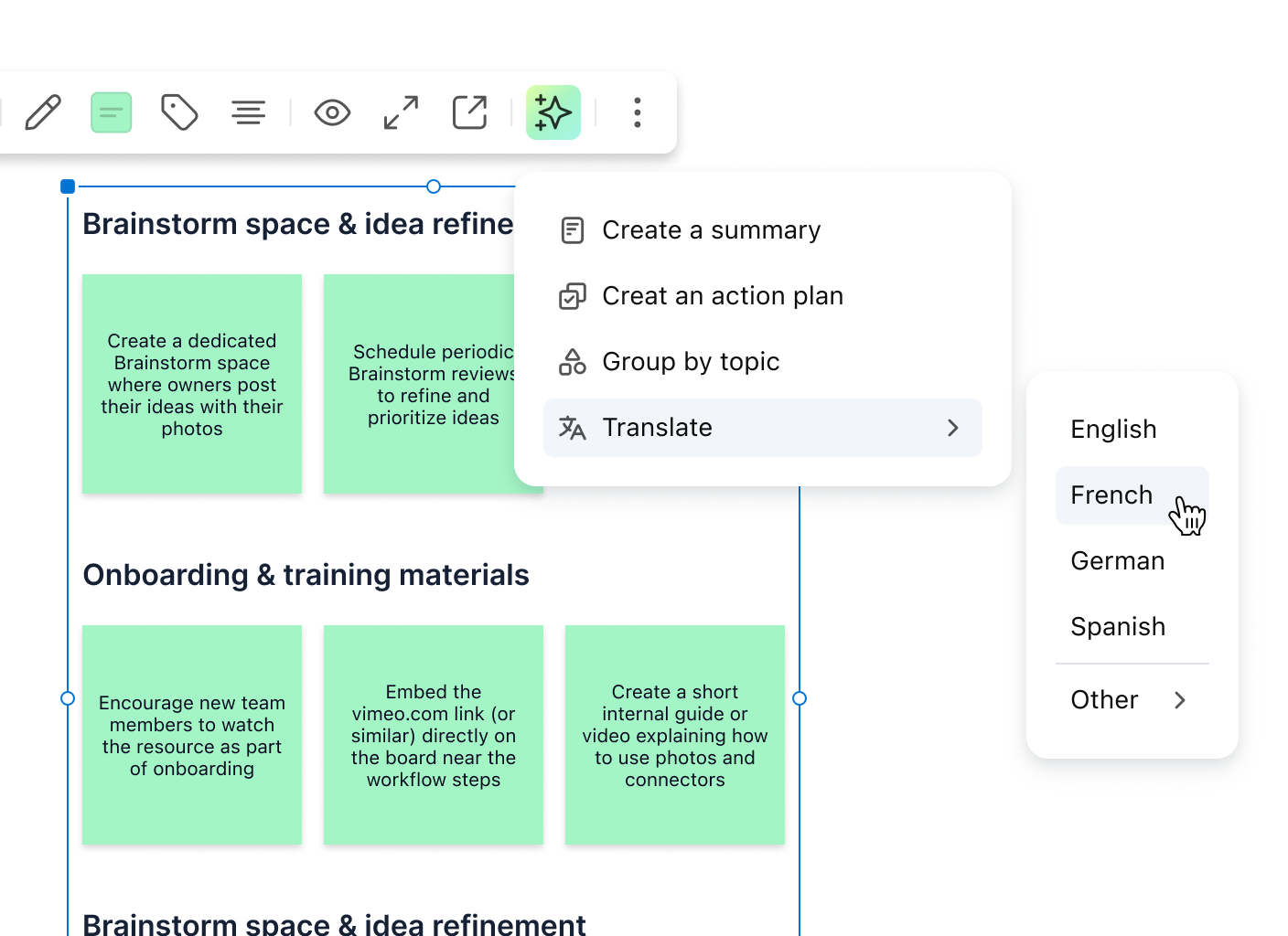Klaxoon AI Translate interface with text editor and language selection panel.