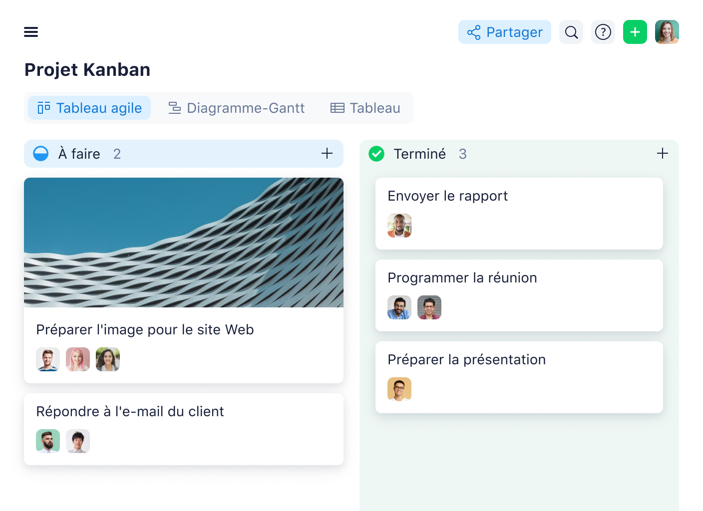 Vue tableau Kanban Wrike avec colonnes À faire, En cours, Bloqué et Fait.