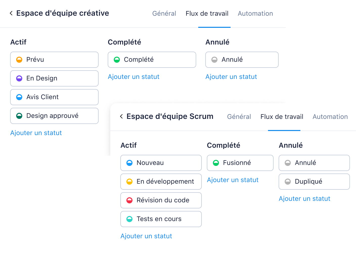 Flux de travail de l’espace avec vue Kanban et chronologie Gantt.
