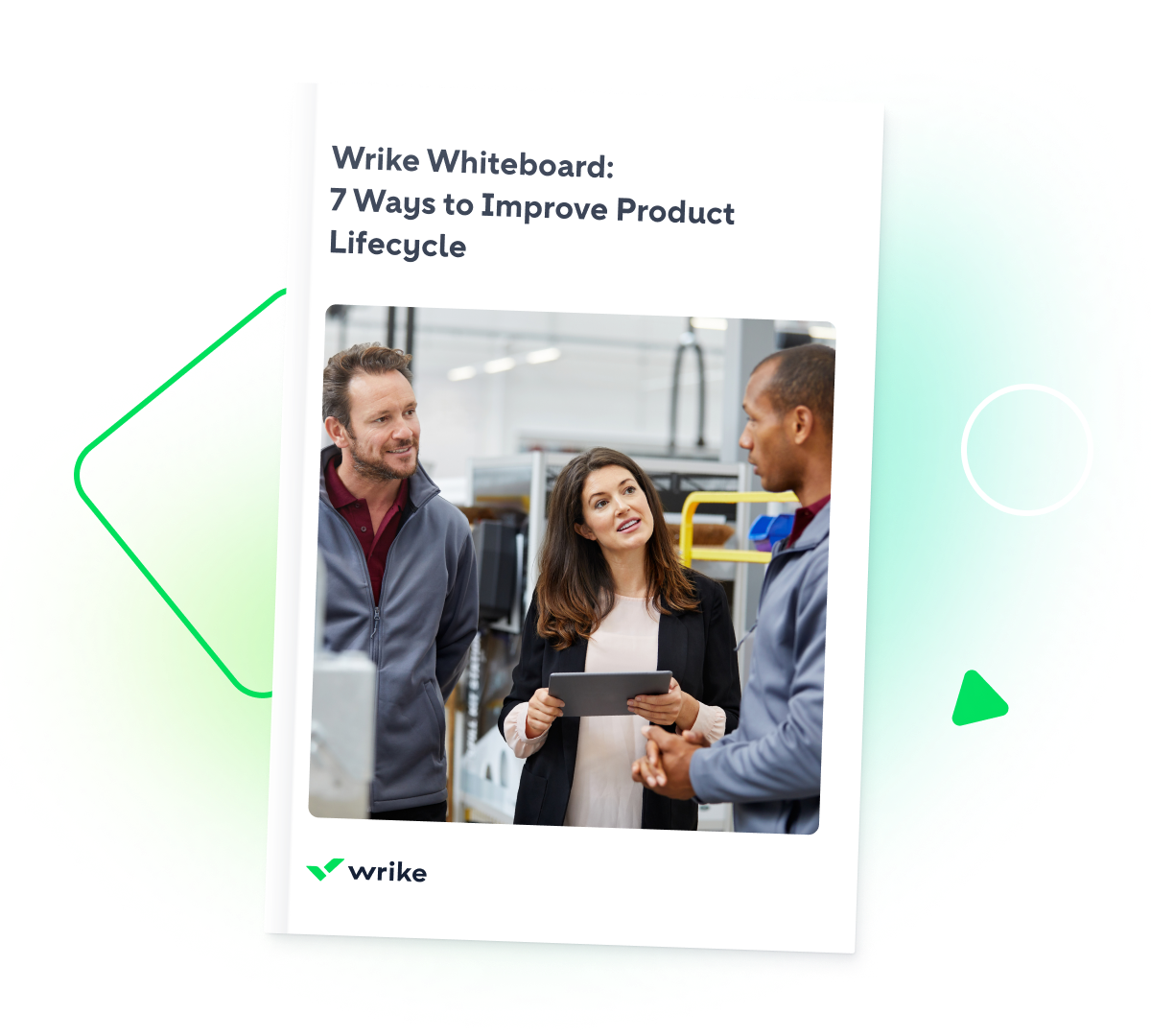 Wrike Whiteboard eBook product lifecycle infographic with process stage icons.