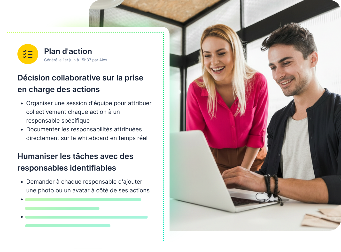 Tableau de bord Klaxoon Action Plan avec tâches, échéances et suggestions IA.