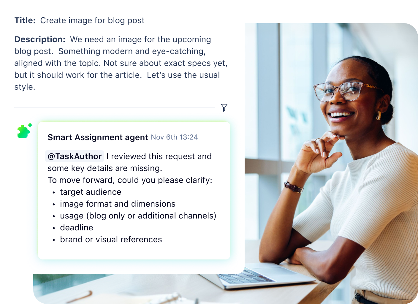 Wrike AI Agents Request Validation modal overlaying task list interface.