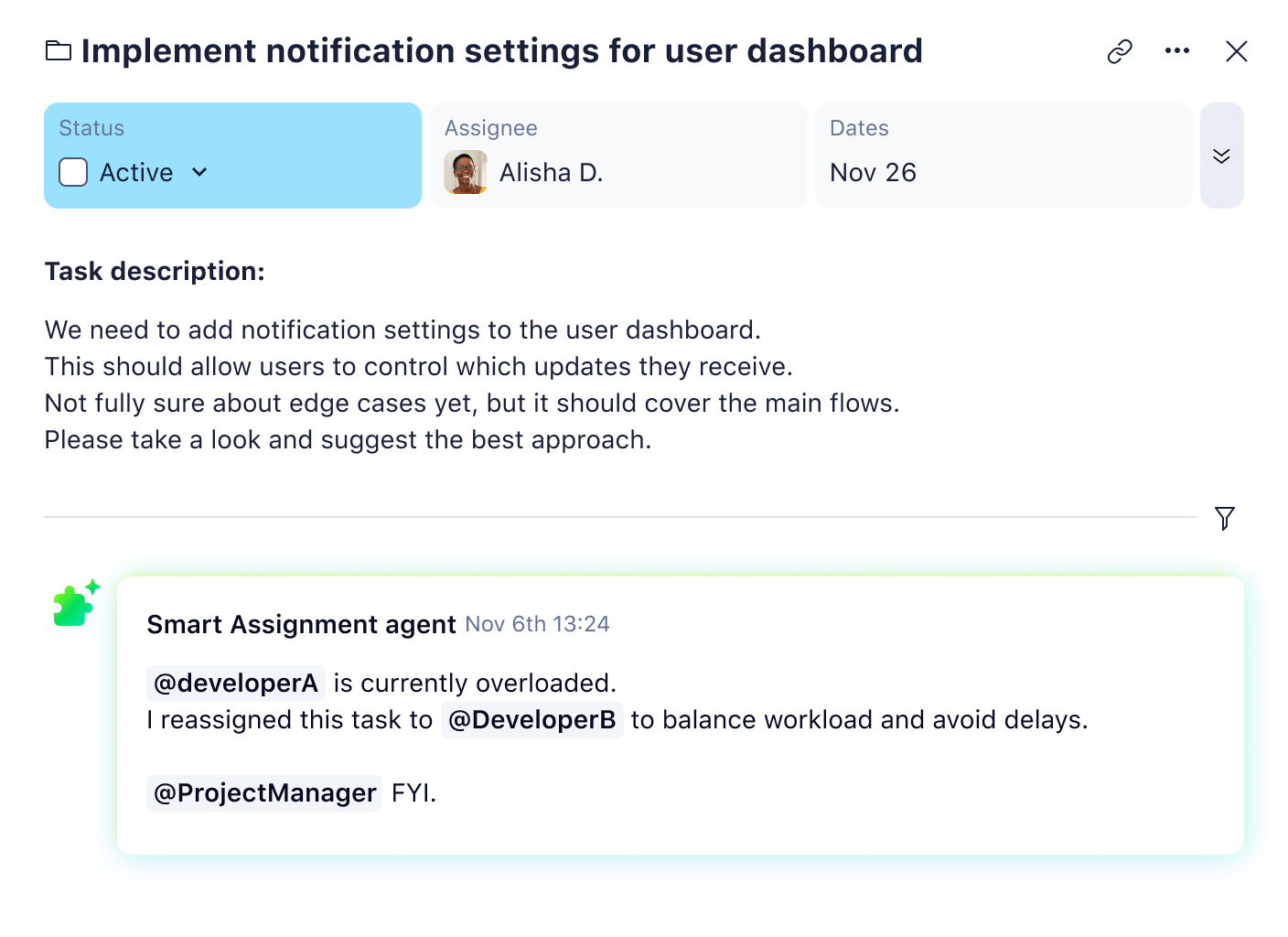AI agents task assignment interface showing task summary, agent options, and suggested actions.
