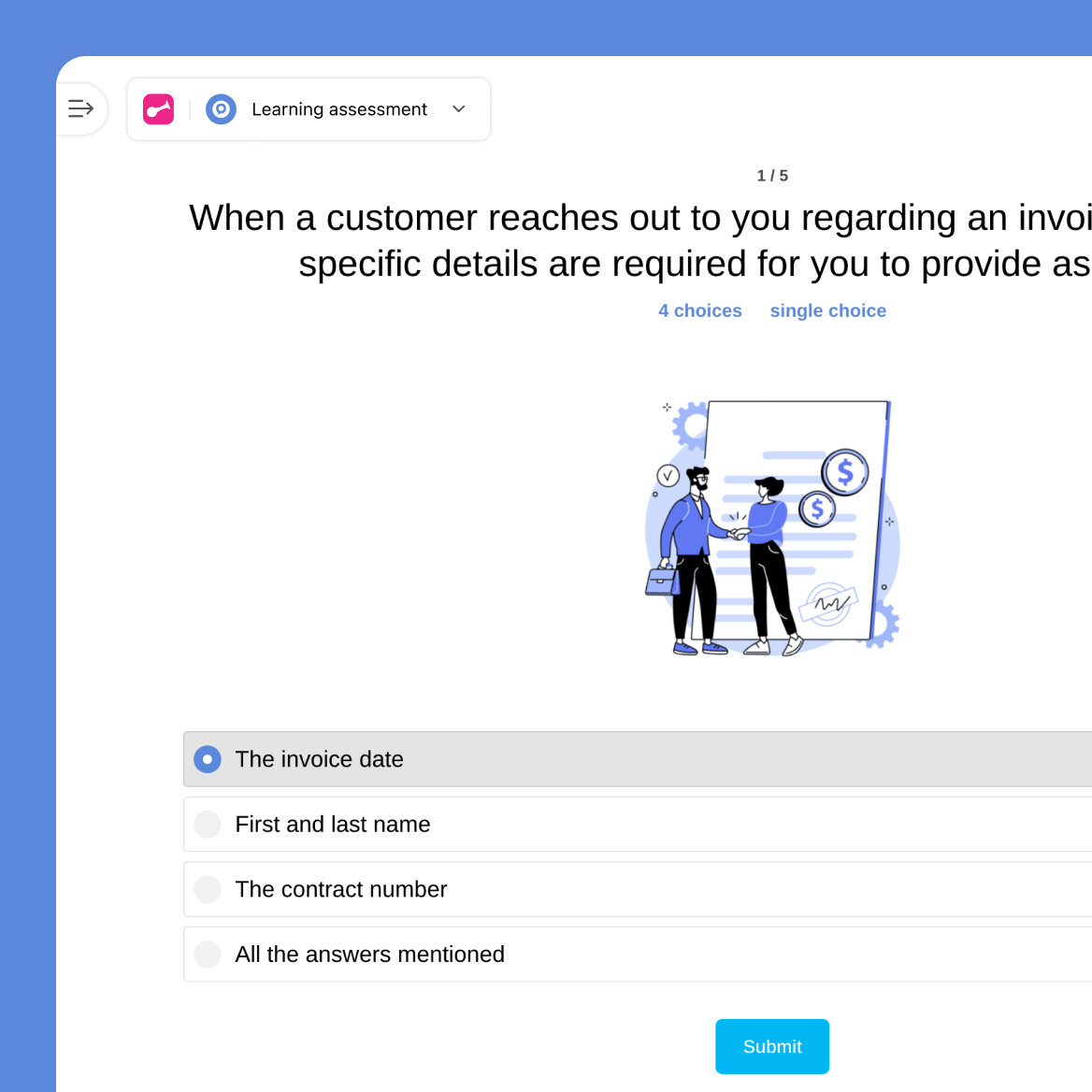 Interactive quiz with progress bar and multiple choice questions.