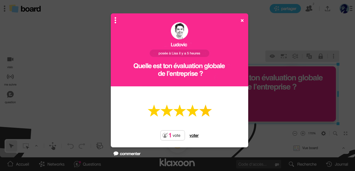 Dans cet exemple, le collaborateur donne une note de 5 étoiles sur 5 à la question « Quelle est ton évaluation globale de l’entreprise ? ». | Klaxoon
