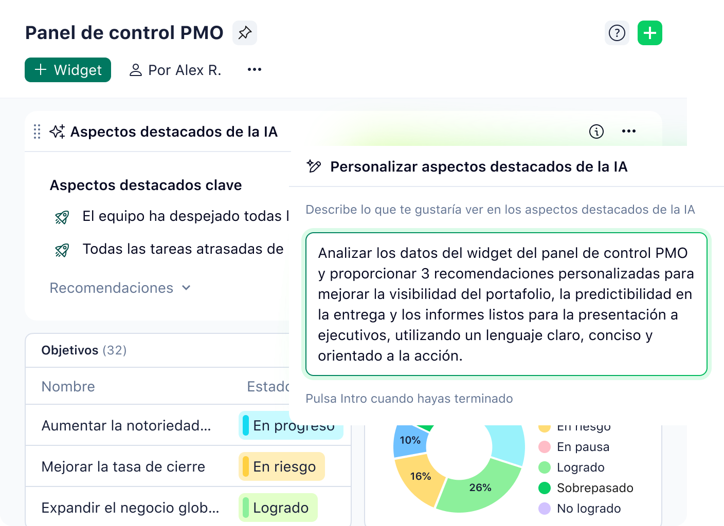 Tablero de Wrike AI con destacados de personalización y sugerencias de tareas.