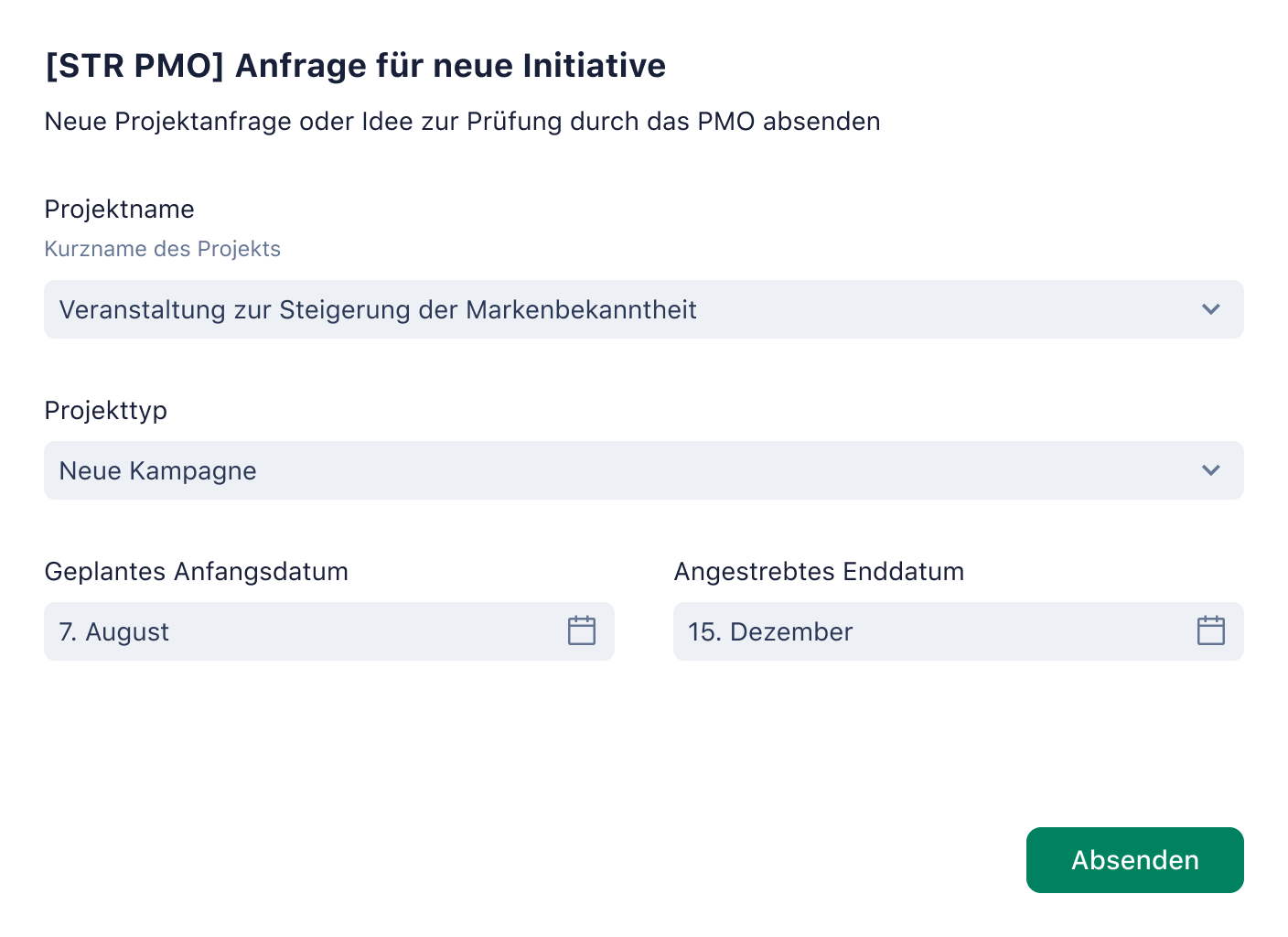 Wrike-Screenshot-Anfrageformular für neue Initiative mit Feldern für Titel, Beschreibung und Datum.