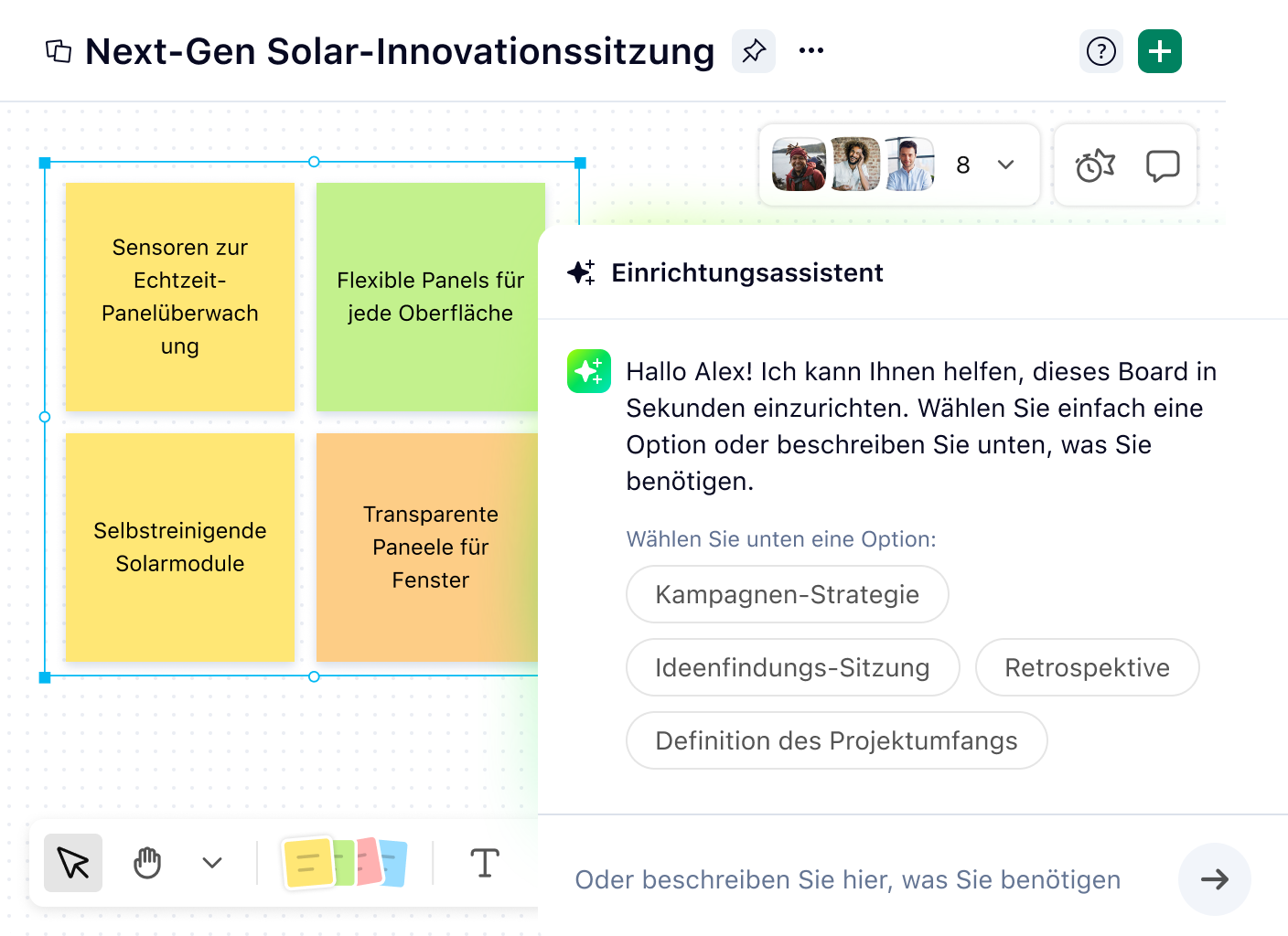 Digitales Whiteboard mit KI-Assistent zeigt Sprint-Backlog-Karten und Formenleiste.
