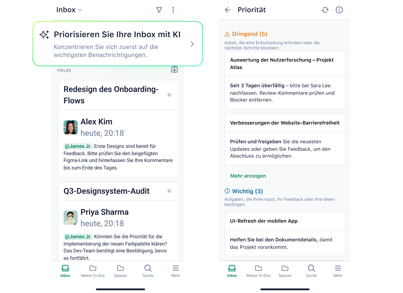 Wrike KI-Prioritäts-Posteingang auf Smartphone mit priorisierten Aufgabenübersicht.