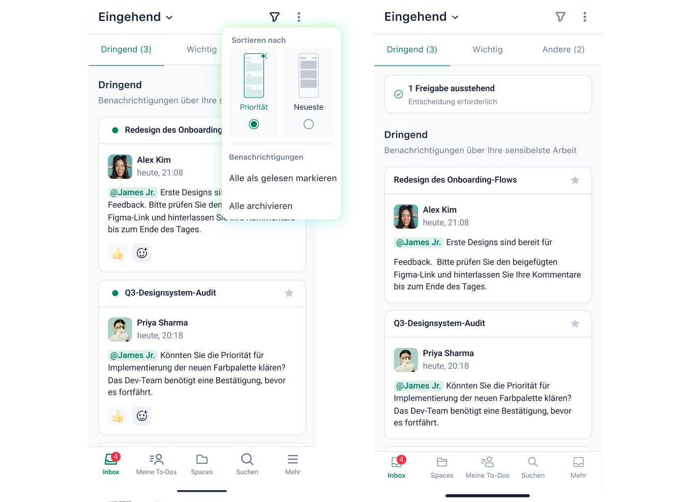 Mobileansicht mit KI-gestütztem Prioritäts-Inbox-Filter in Wrike-App.