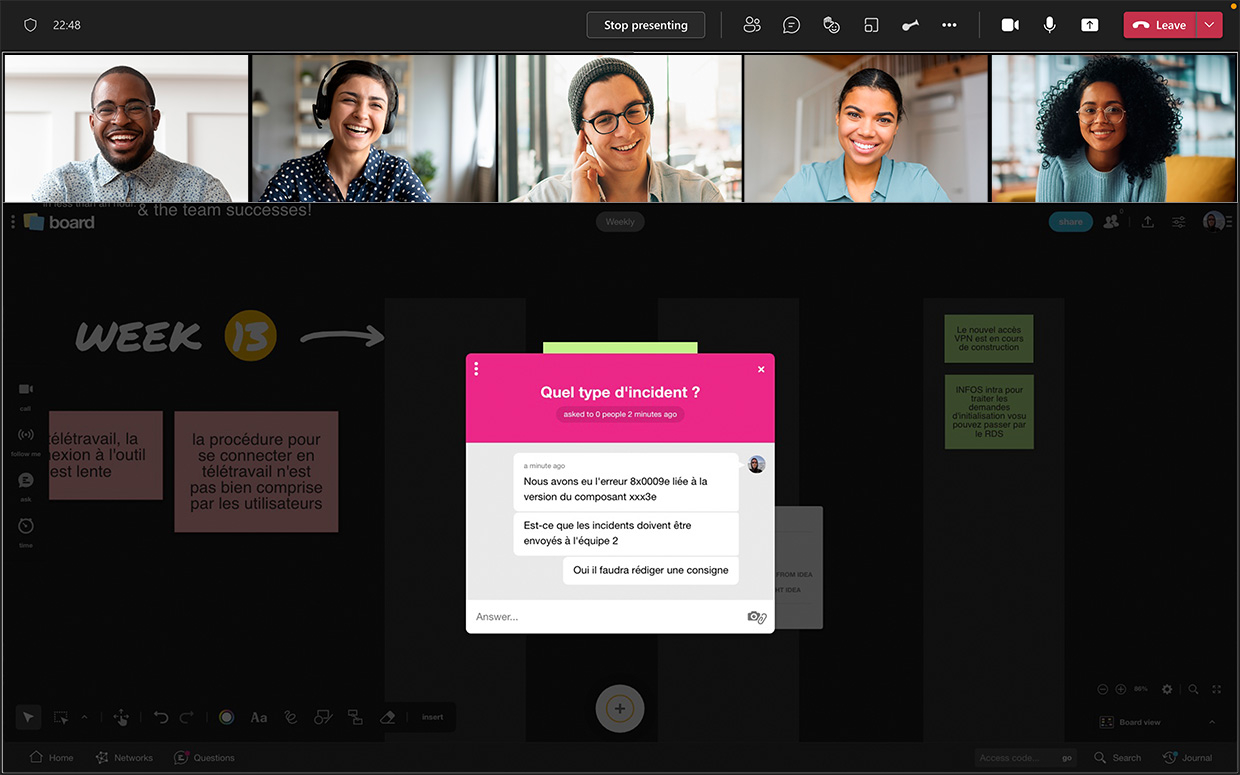 Une Question posée par Christophe à l’ensemble de l’équipe en visio, directement sur Board. | Klaxoon