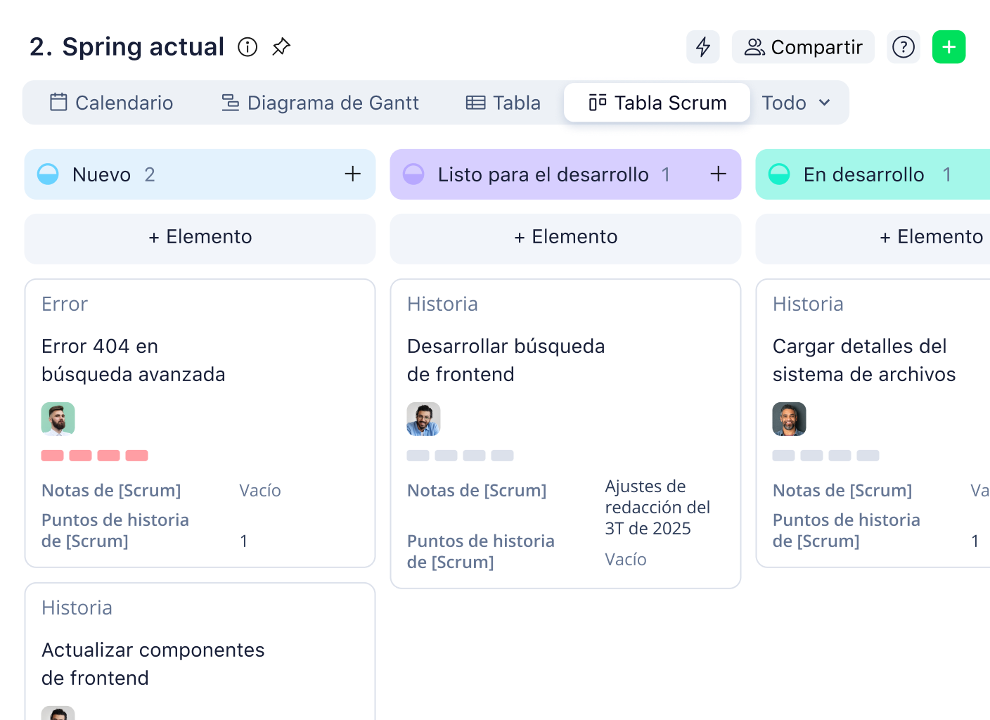 Vista de tablero Kanban en Wrike con columnas de tareas pendientes, en curso y completadas.