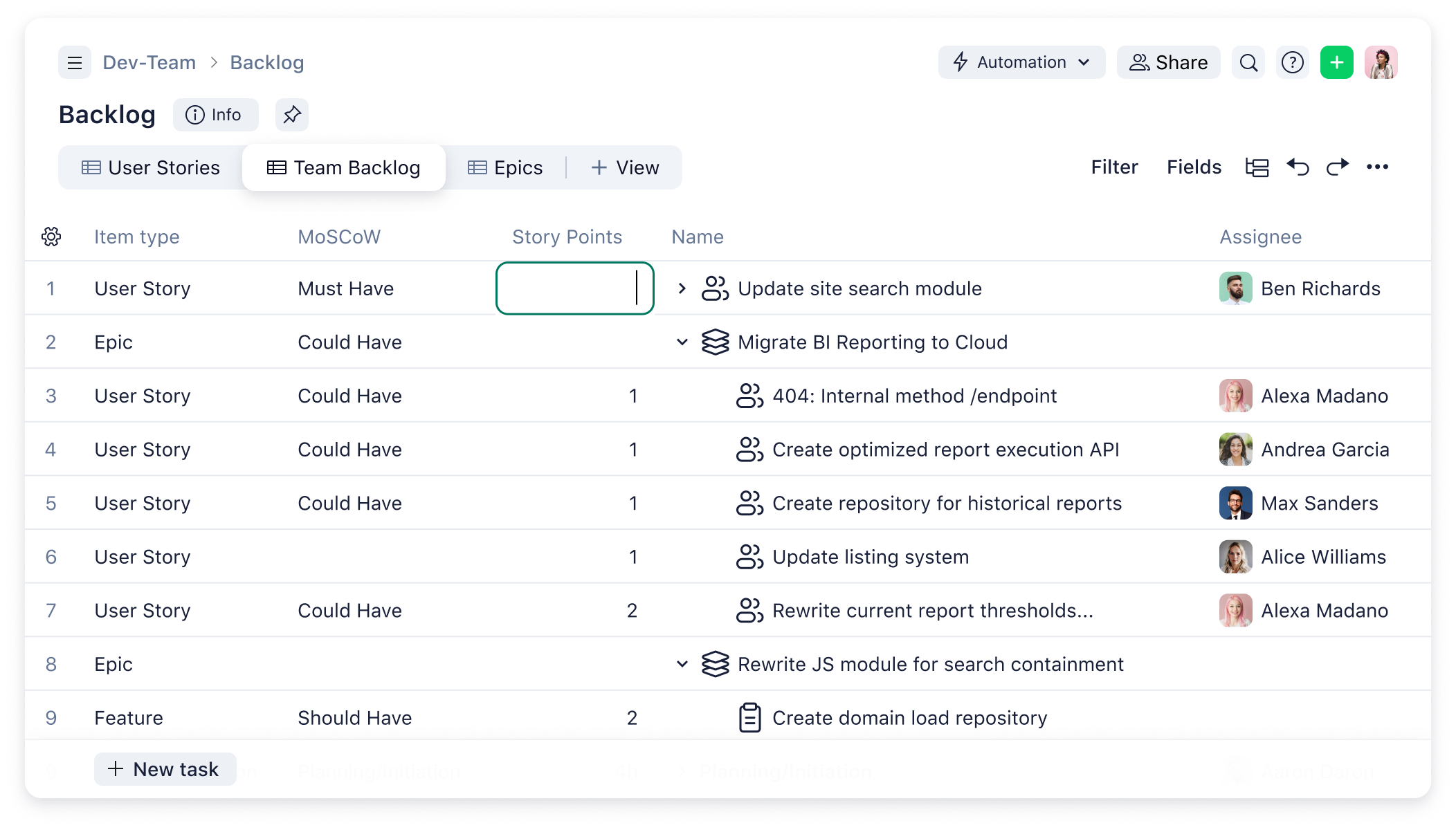 software development template team backlog