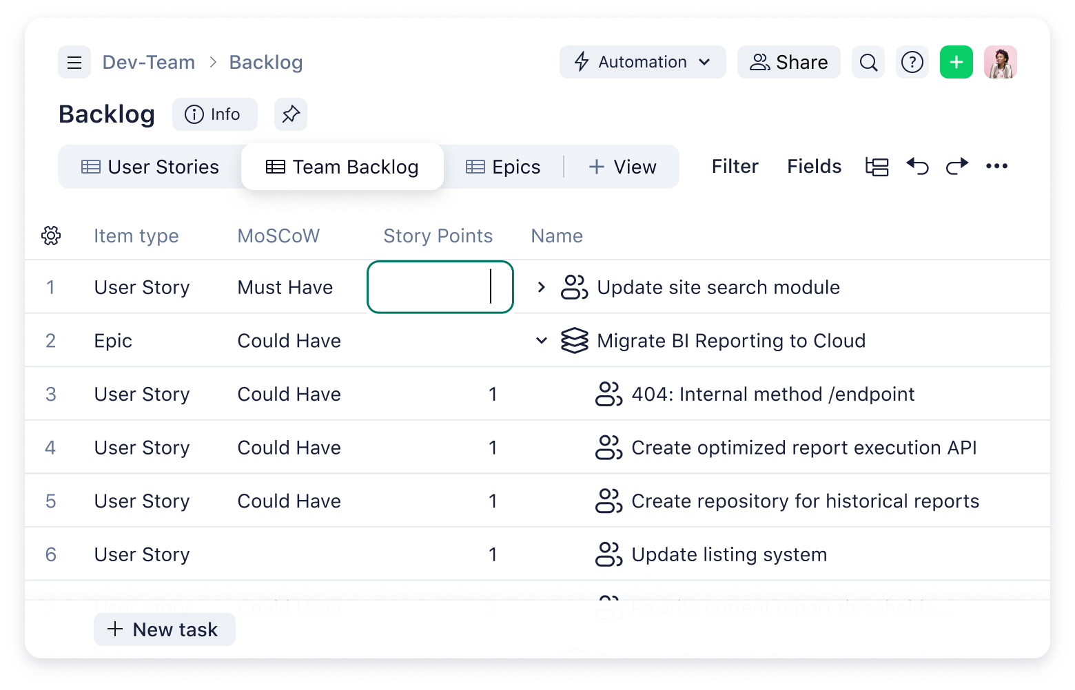 software development template team backlog