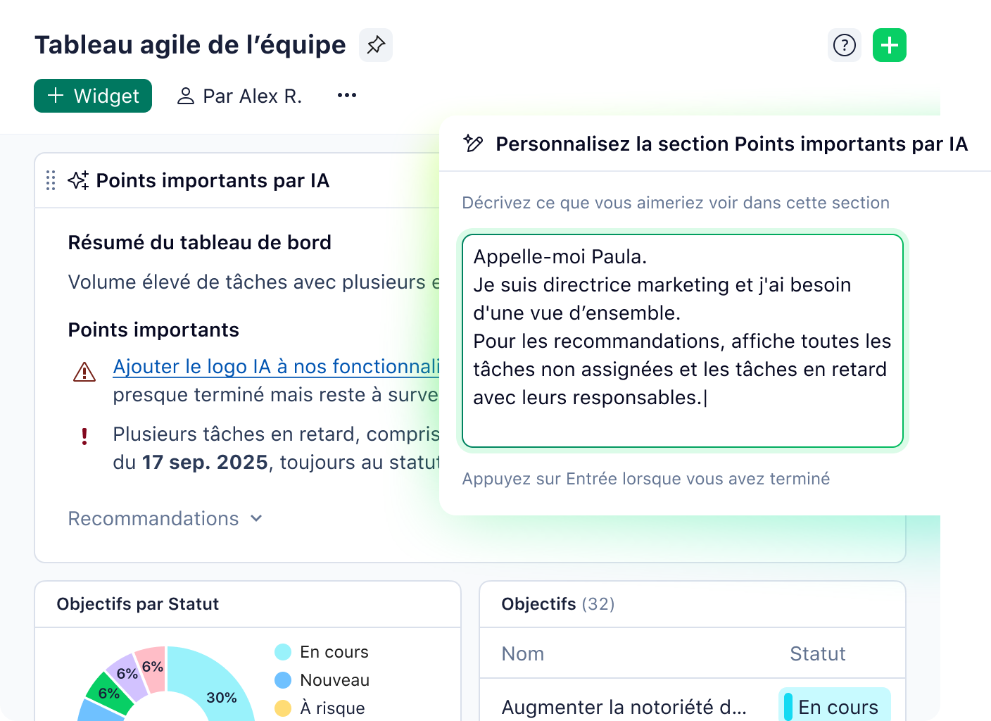 Tableau de bord avec surlignage IA et options de personnalisation.