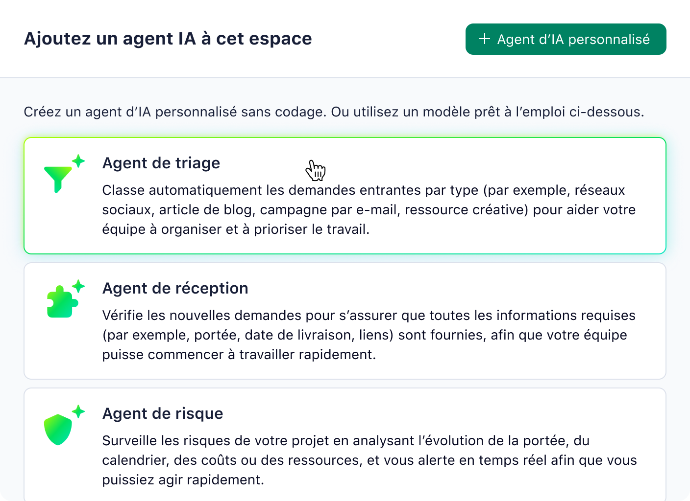 Liste d’agents IA préconfigurés sur Wrike pour la rédaction de campagnes et contenus.