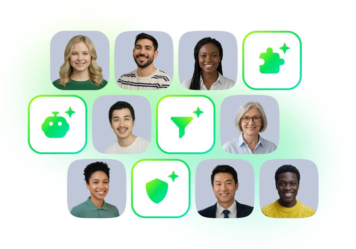 AI agent icons and analytics dashboards displayed on digital devices.