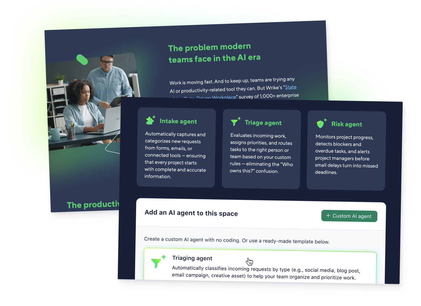 Wrike interface showing AI agents automating task planning and project tracking.