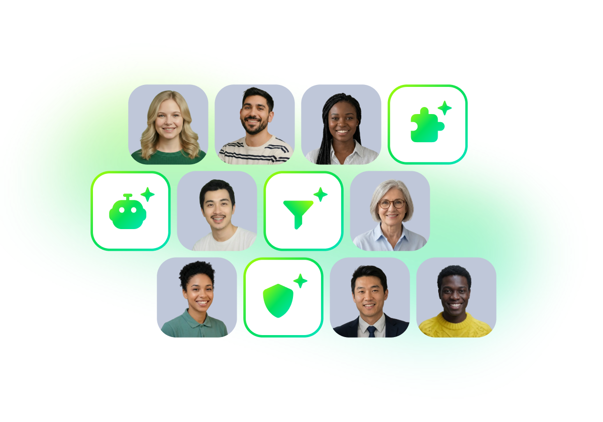 Bento-style grid of AI feature icons and labels.