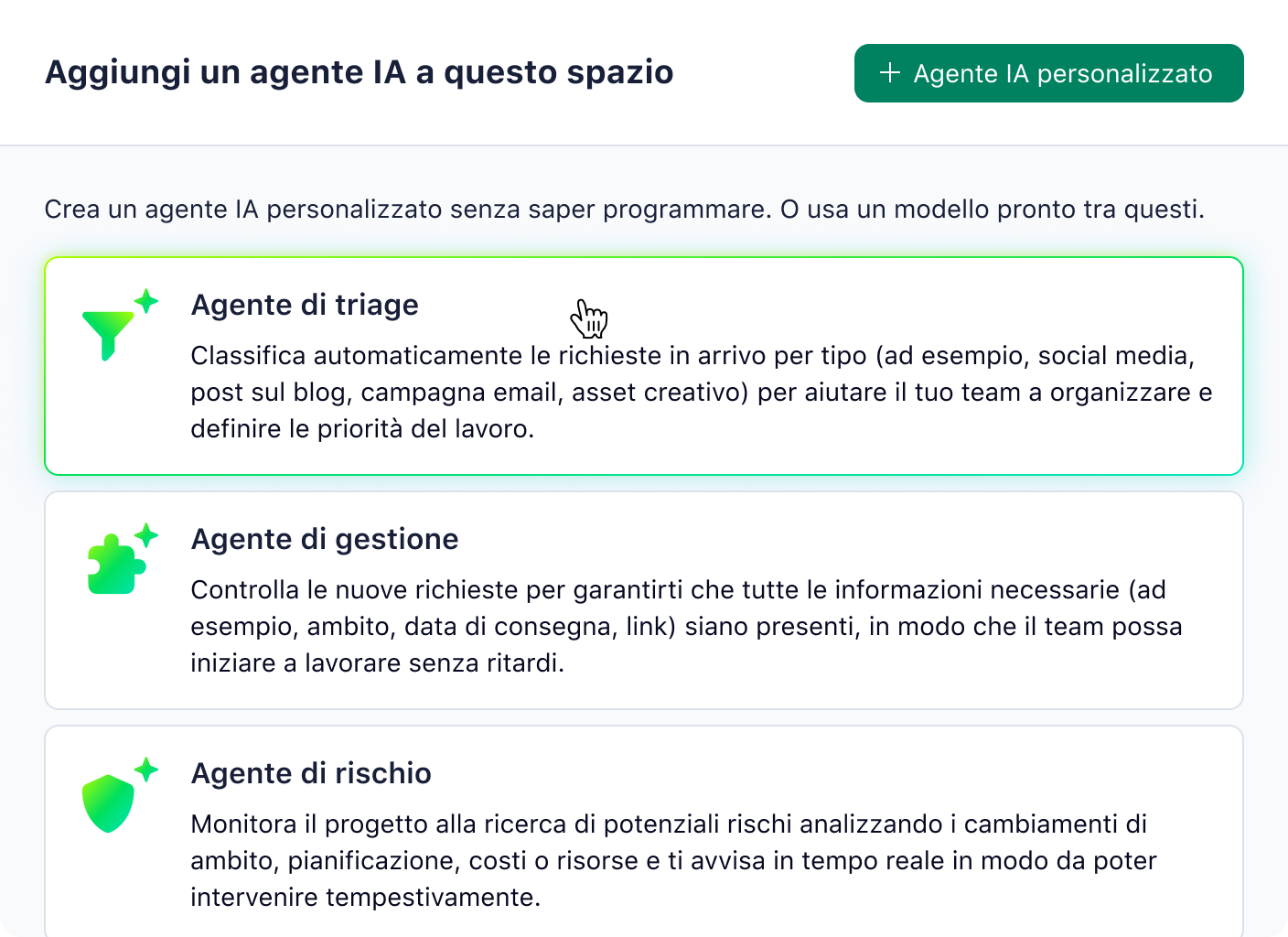 Interfaccia Wrike con pannello suggerimenti automazione IA per flussi di lavoro.