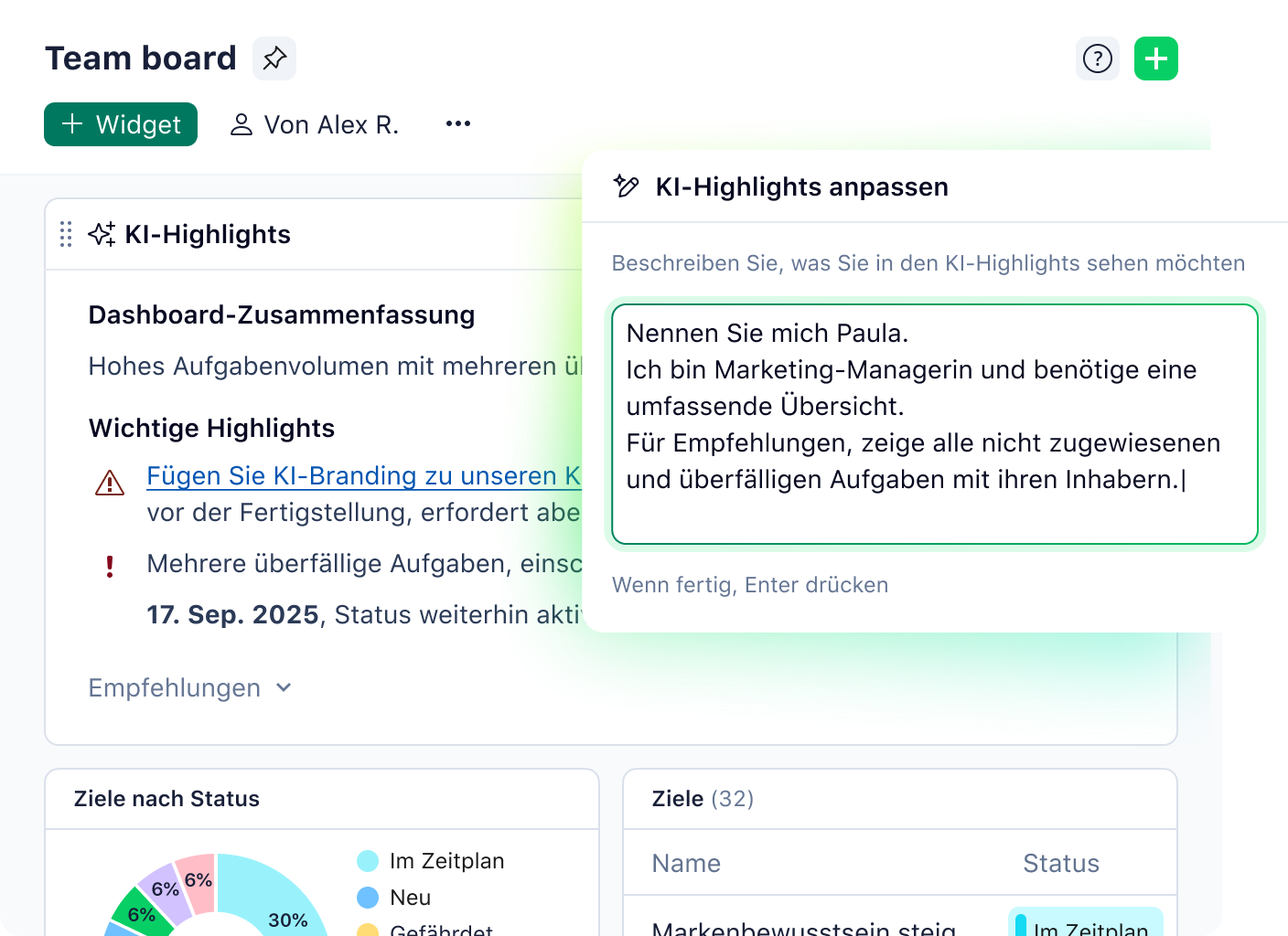 Anpassbares Wrike-Dashboard für KI-Highlights mit Live-Vorschau.
