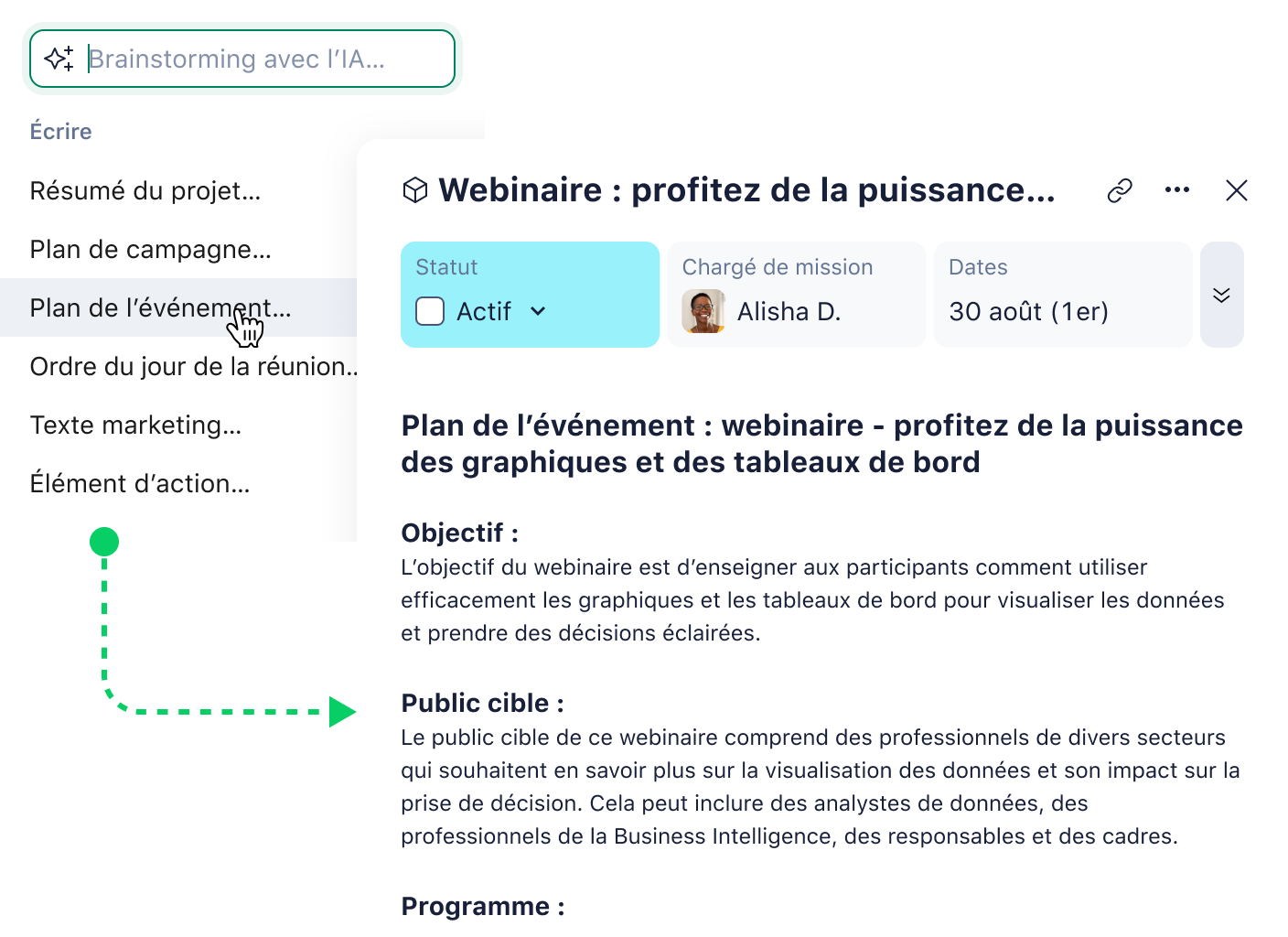 Interface Wrike IA générative affichant la description de tâche, options de tokens et présélections.