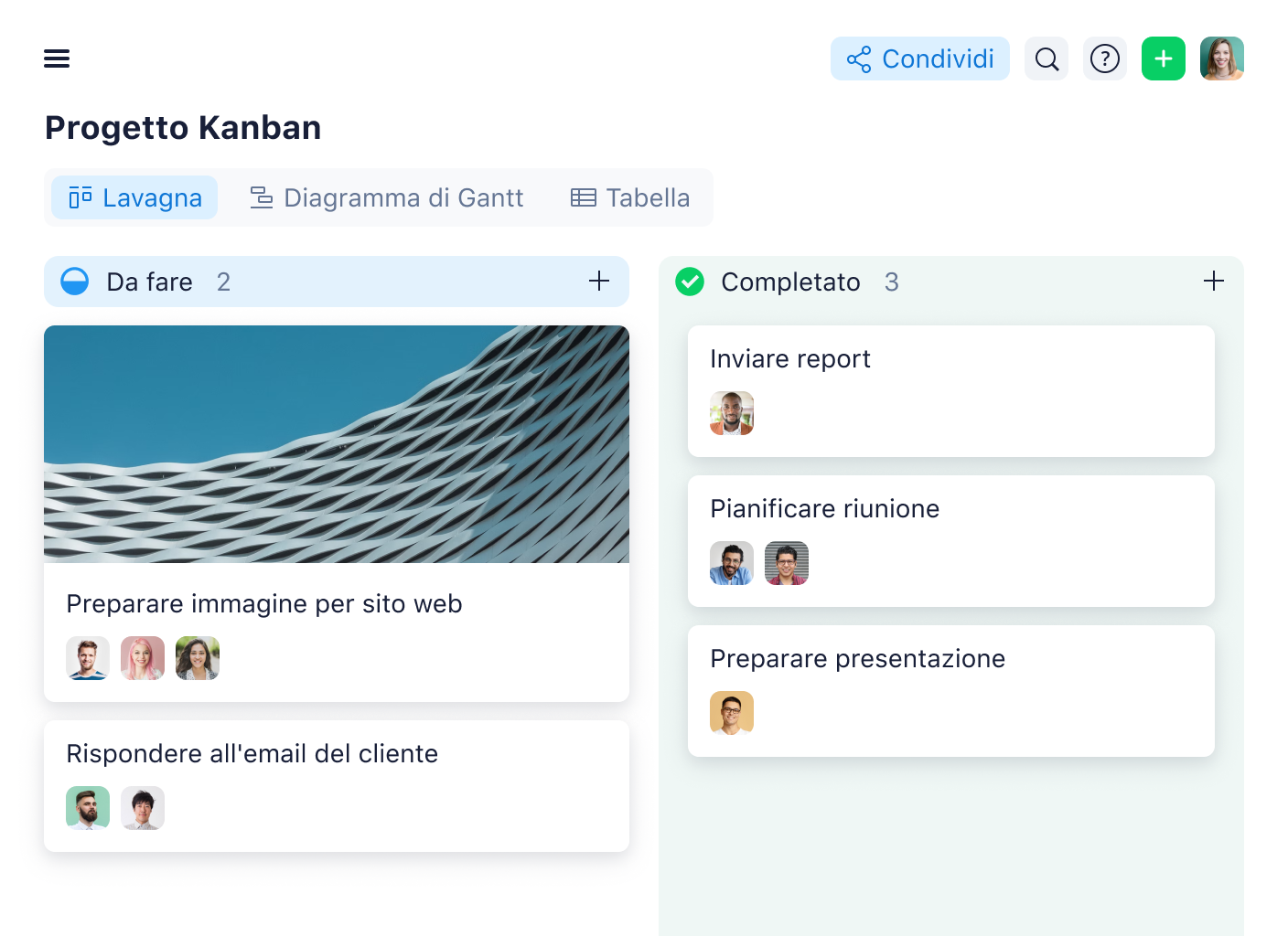 Wrike board view Kanban project with columns Backlog, In Progress, Completed and Won't Do.