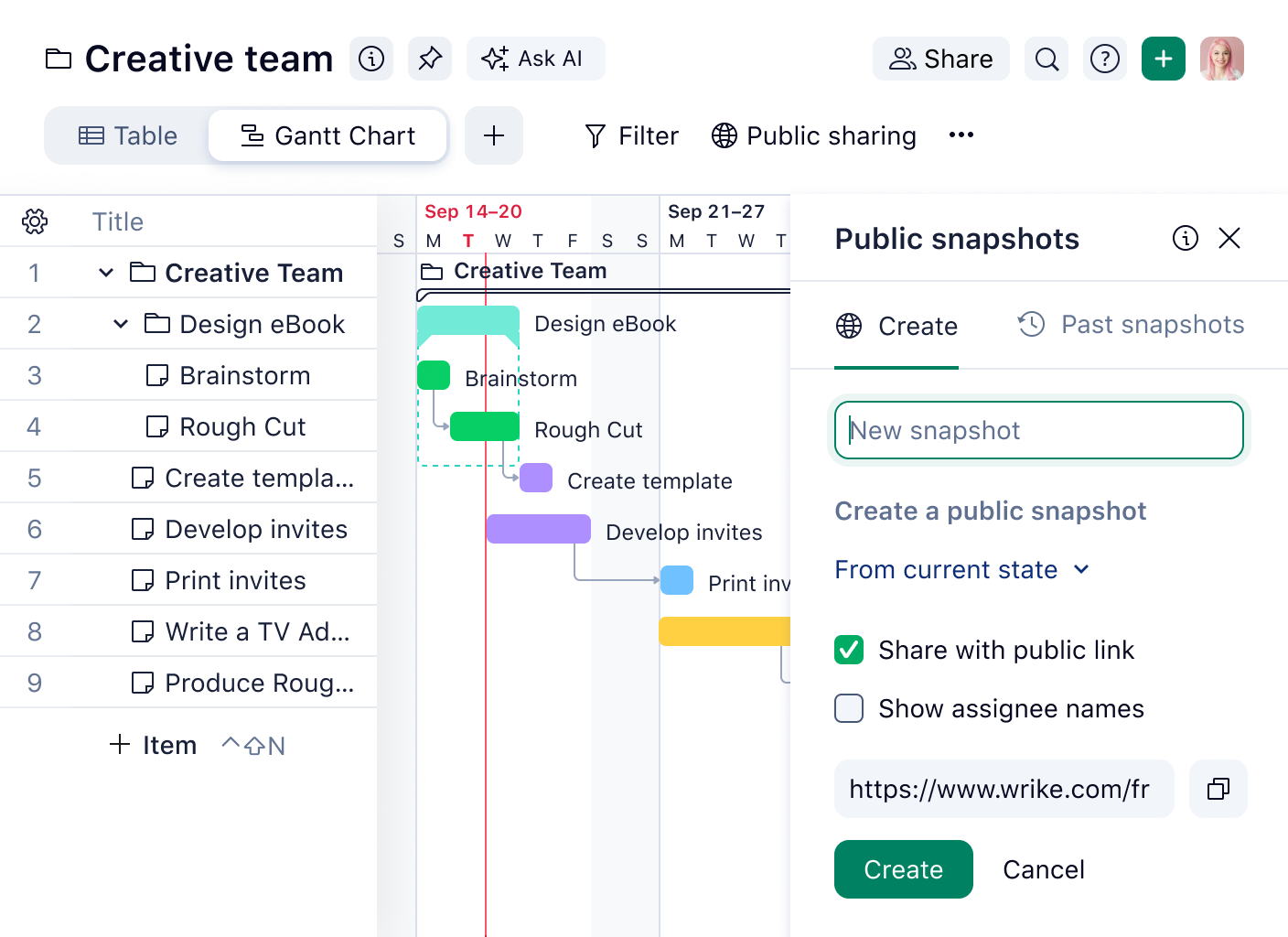 Wrike Gantt Chart Snapshots interface showing snapshot list and project timeline view.