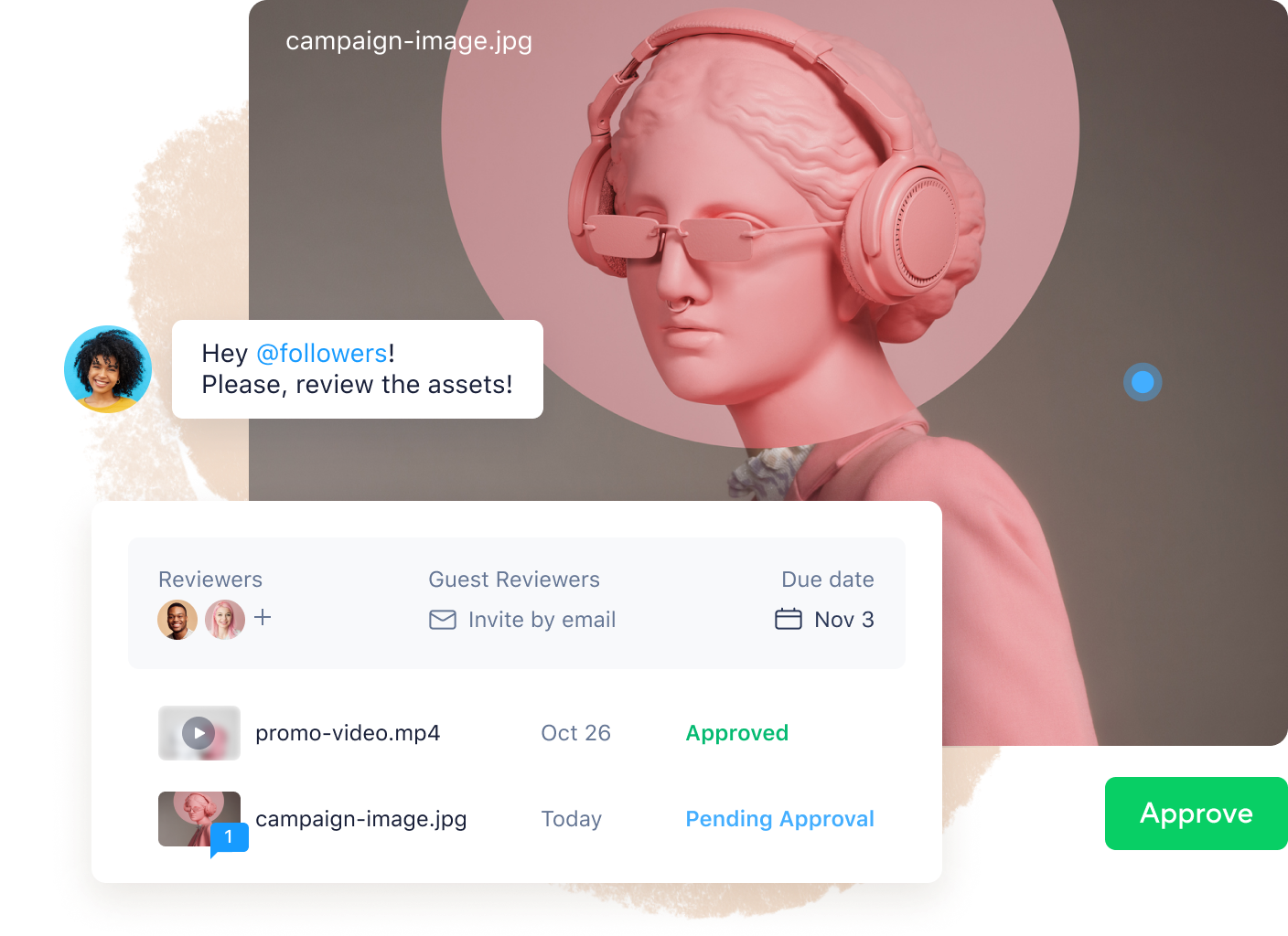 Marketing approval dashboard with request cards and status indicators.