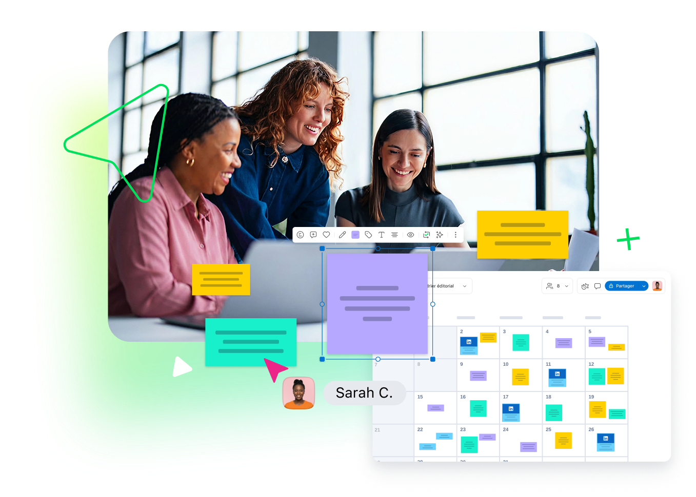 Bannière Klaxoon Content Production montrant écrans et outils collaboratifs.