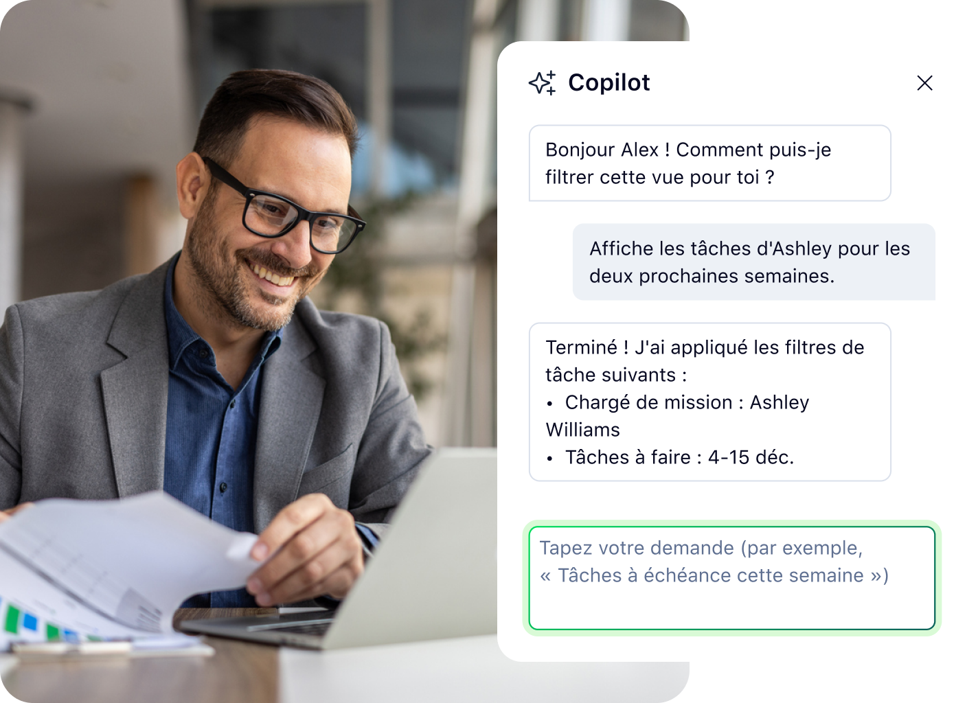 Wrike Copilot Resources panel with AI prompt categories list and search box.