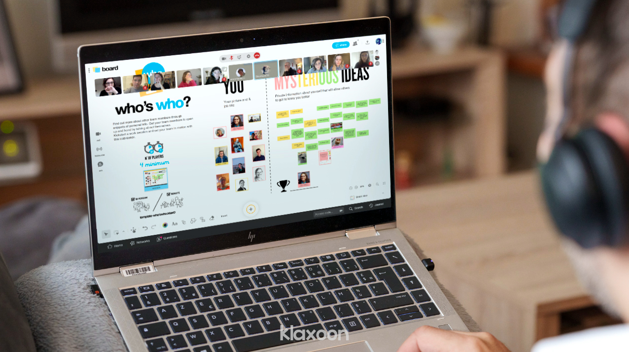 On a desktop screen, a group of people is playing the Who’s Who icebreaker remotely. | Klaxoon