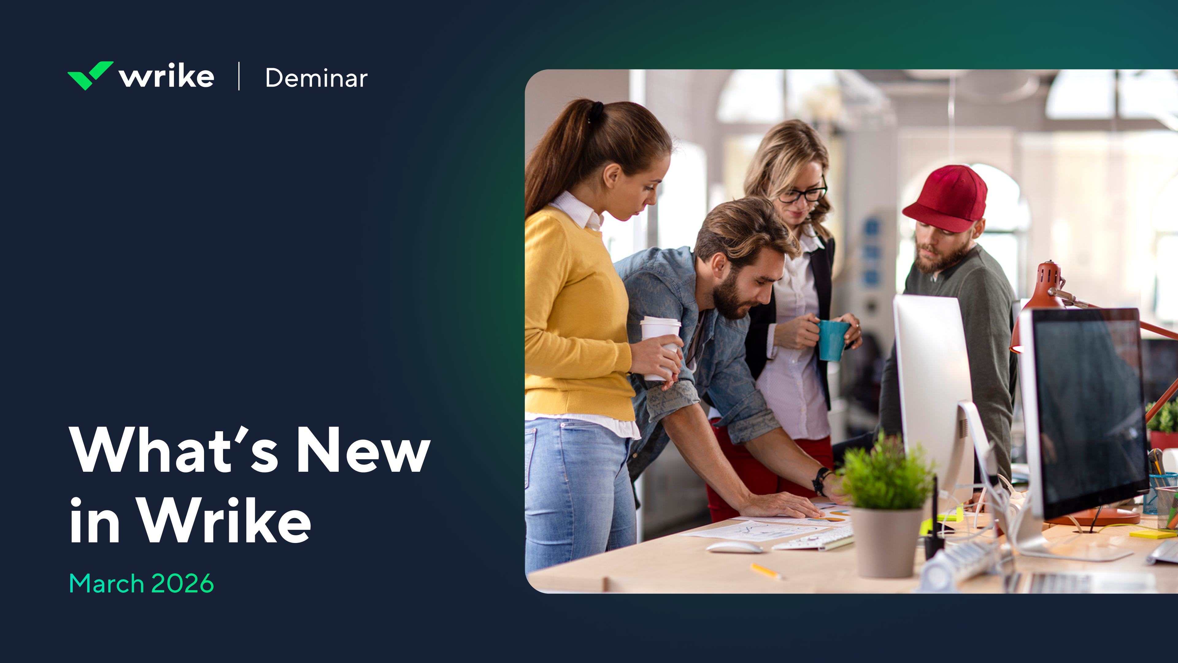 Presentation title slide with Wrike logo and green semicircle accent.