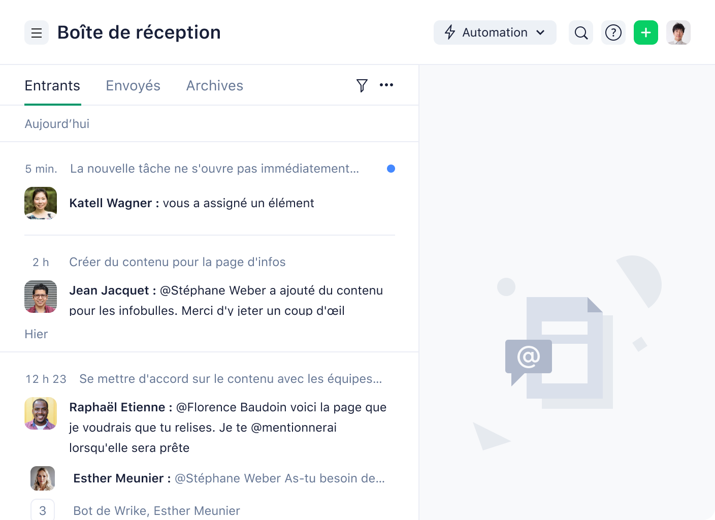 Boîte de réception Wrike sur site web montrant tâches, commentaires et notifications.