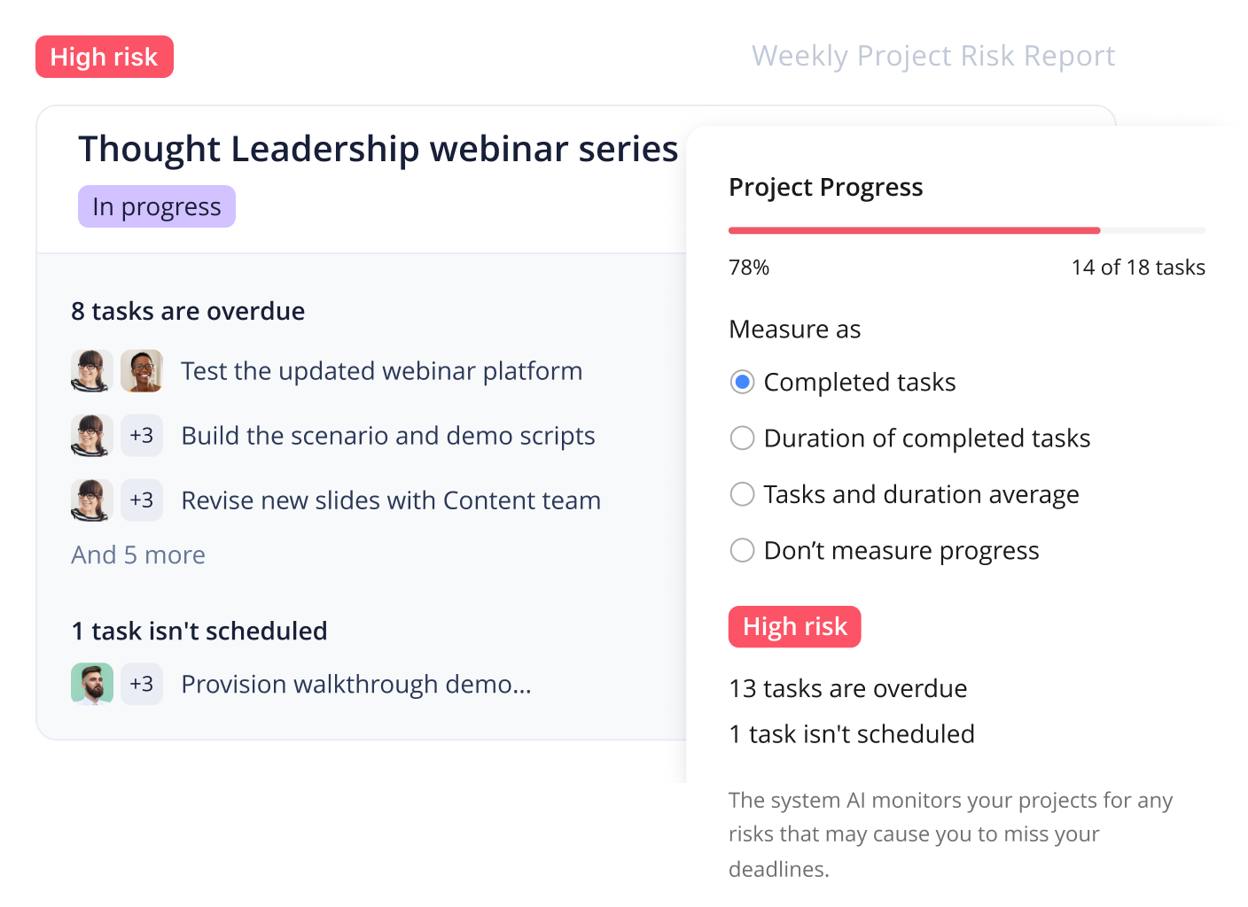 Risk management dashboard with High Risk items and risk matrix.