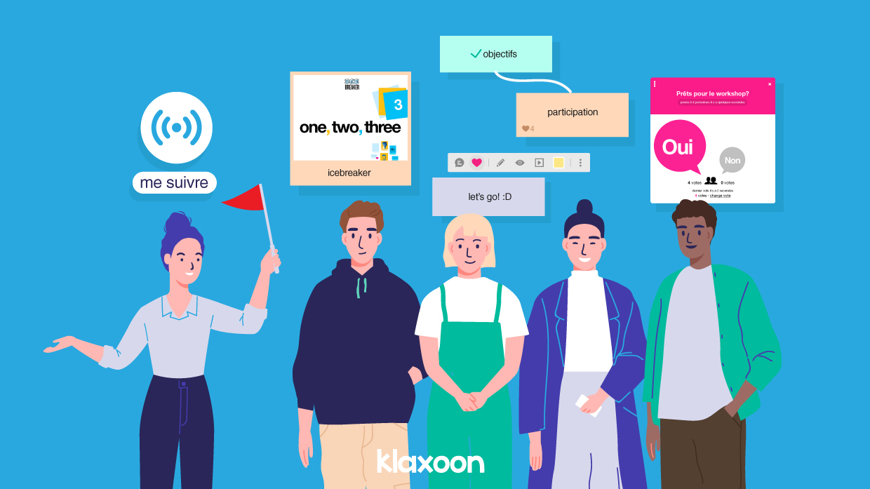 Plusieurs personnages qui utilisent différentes fonctionnalités de Klaxoon pour interagir. | Klaxoon