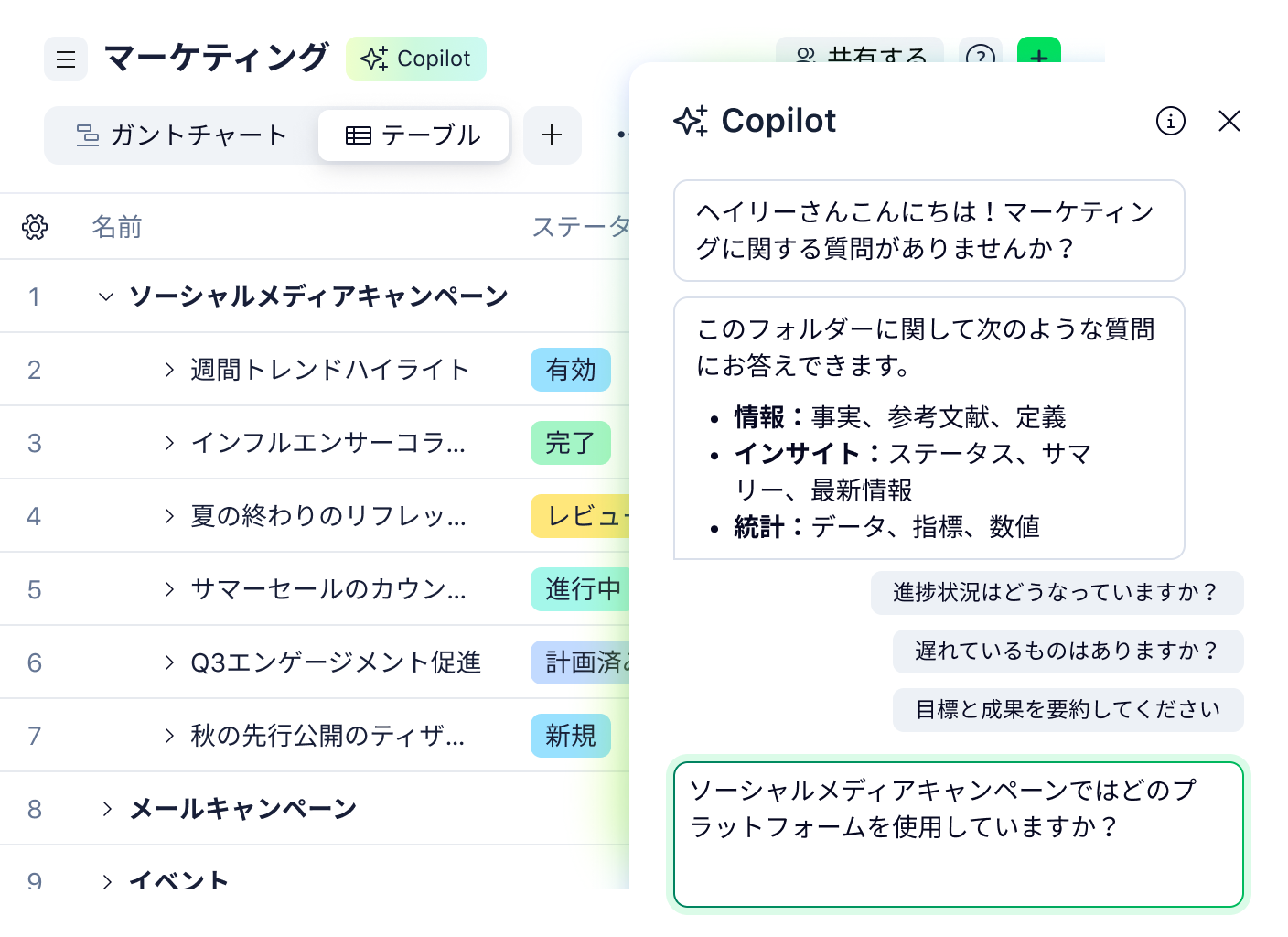 Wrike AIコパイロット搭載テーブルビューでタスク一覧とチャットサイドバーを表示。