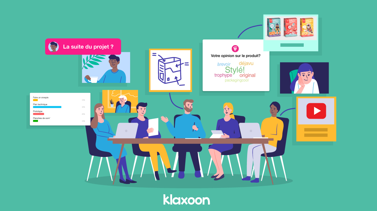 Plusieurs personnages assis autour d'une table qui discutent de plusieurs activités Klaxoon. | Klaxoon